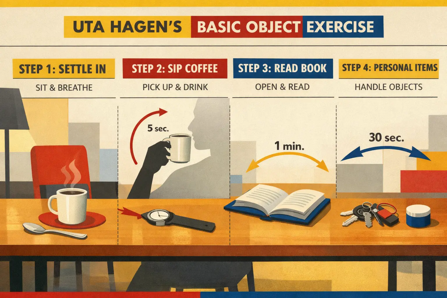 Bauhaus geometric style, primary colors, modern, Landscape format (1536x1024) detailed instructional image showing the step-by-step setup fo