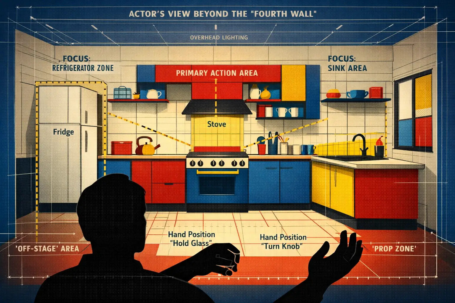 Bauhaus geometric style, primary colors, modern, Landscape format (1536x1024) detailed illustration showing an actor's perspective view of a