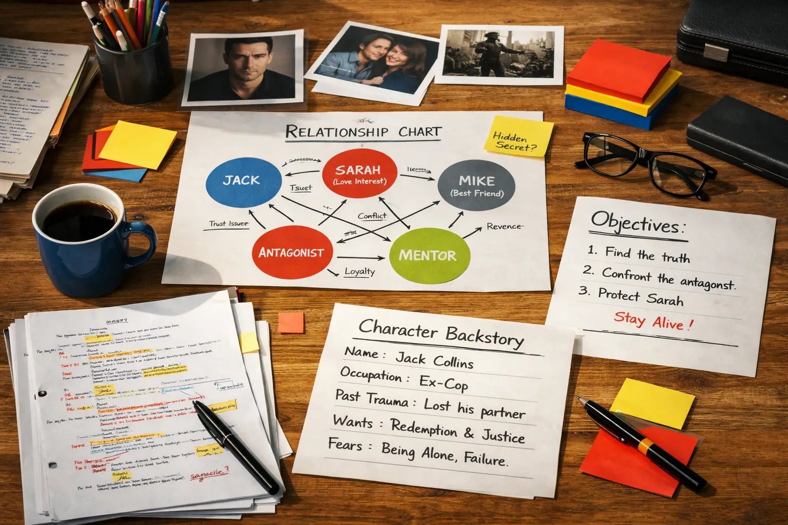 Bauhaus geometric style, primary colors, modern, Landscape format (1536x1024) scene of an actor's workspace with character development mater