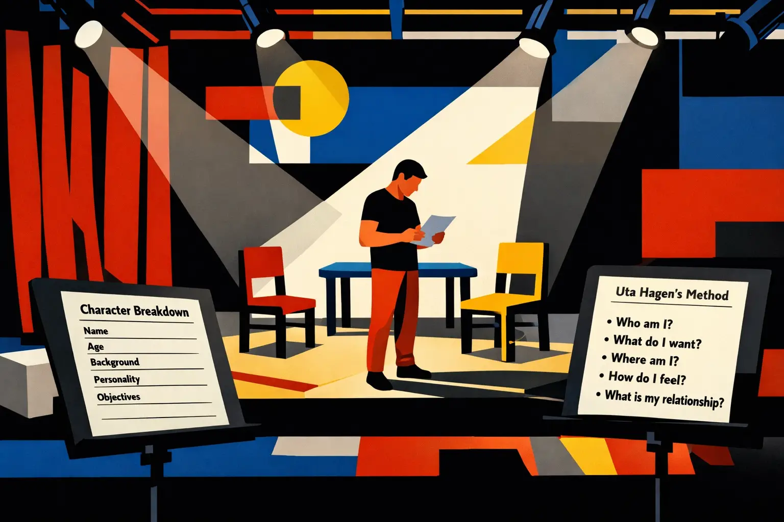 Bauhaus geometric style, primary colors, modern, Landscape format (1536x1024) image of a theater rehearsal room with an actor practicing alo