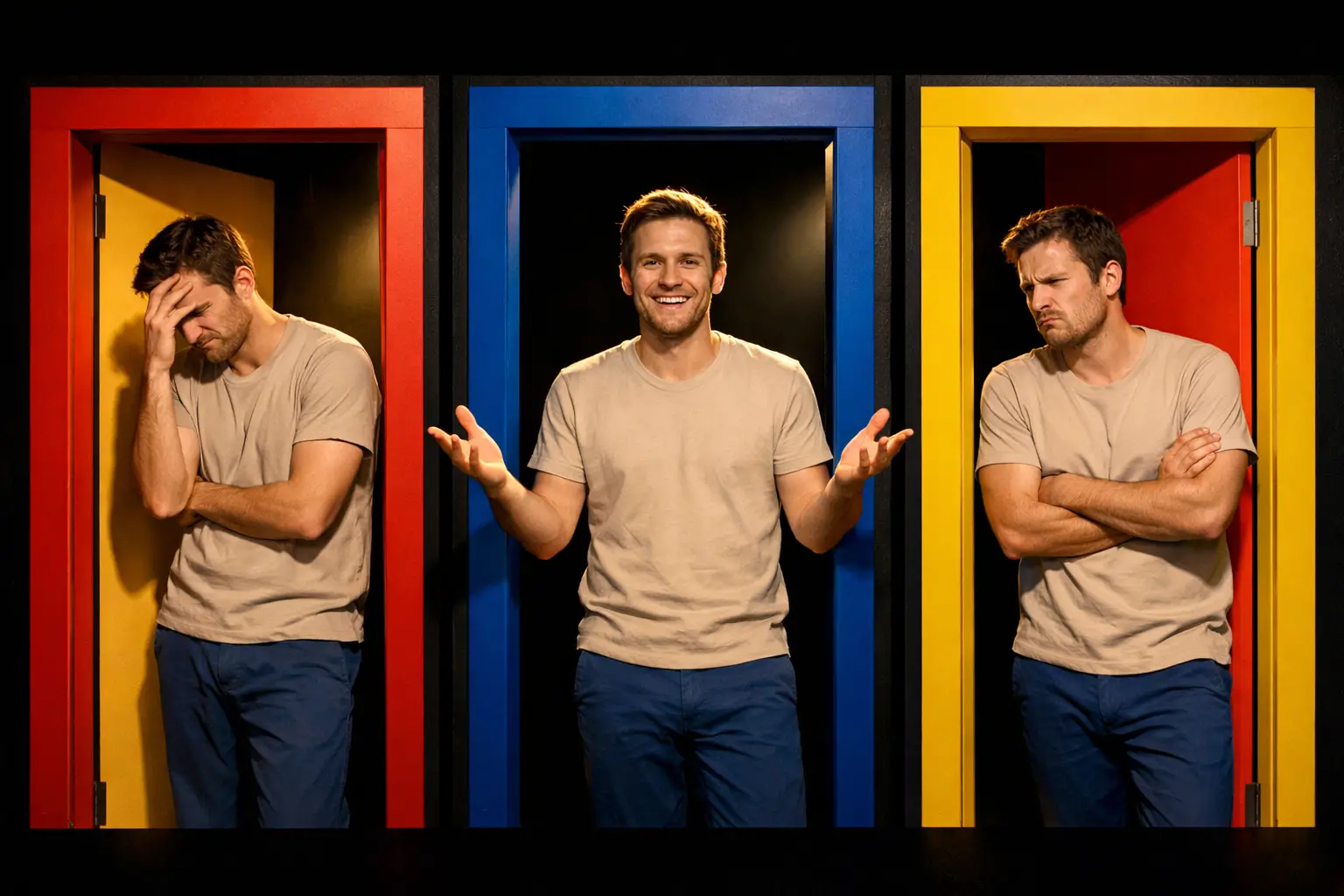 Bauhaus geometric style, primary colors, modern, Landscape format (1536x1024) split-screen composition showing the same actor in three diffe