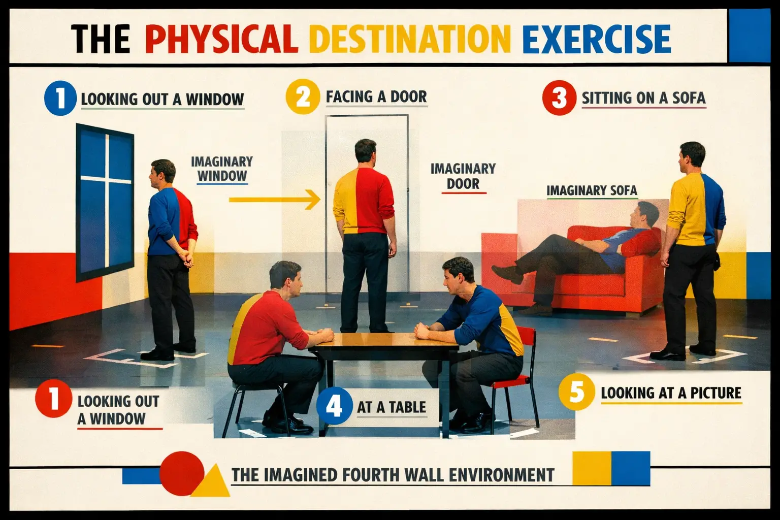 Bauhaus geometric style, primary colors, modern, Landscape format (1536x1024) step-by-step visual guide showing an actor practicing the phys